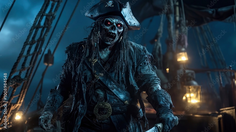 A zombie pirate costume with a tattered coat, glowing sword, and decayed skin makeup, standing on a haunted ship. A zombie pirate costume with a tattered coat, glowing sword, and decayed skin makeup, standing on a haunted ship.