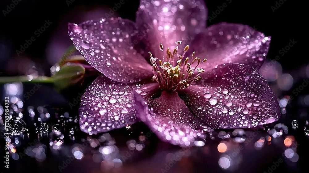 A zoom-in shot of a lilac bloom adorned with droplets and a verdant foliage nearby A zoom-in shot of a lilac bloom adorned with droplets and a verdant foliage nearby