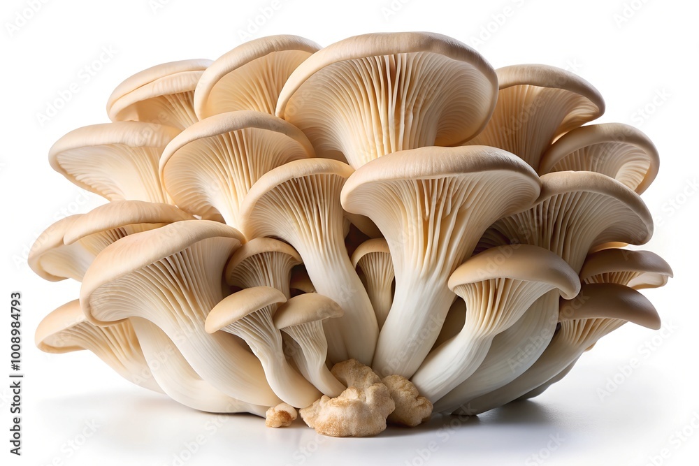 A cluster of fresh, edible oyster mushrooms neatly arranged on a white background, showing their delicate gills and smooth caps Copy space for culinary descriptions A cluster of fresh, edible oyster mushrooms neatly arranged on a white background, showing their delicate gills and smooth caps Copy space for culinary descriptions