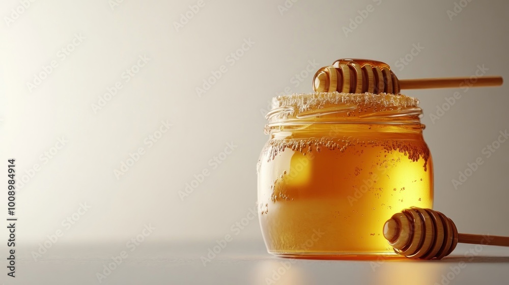 A jar of honey with honey dippers on a light background. A jar of honey with honey dippers on a light background.