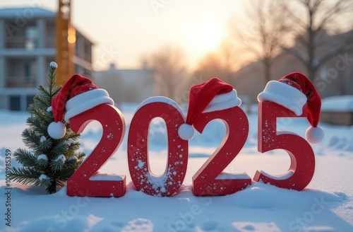 inscription 2025 on snow against the background of construction, New Year greetings, happy new year