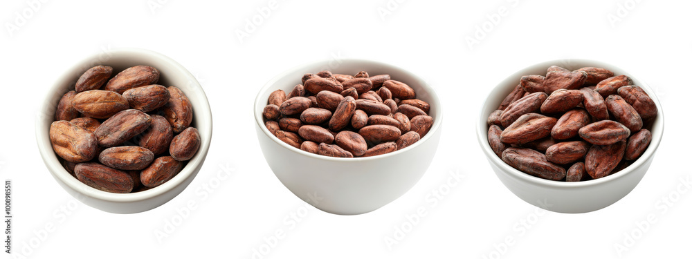 Cocoa beans in white bowl on white background Cocoa beans in white bowl on white background