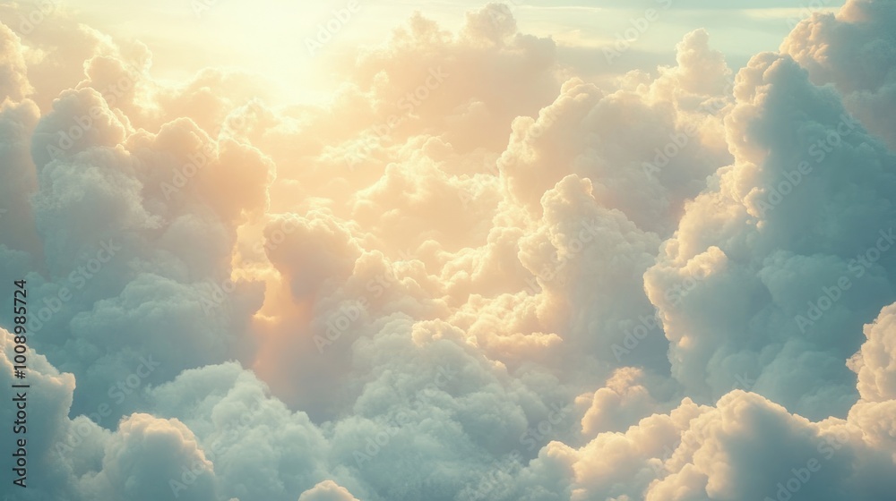 A serene view of fluffy clouds illuminated by soft sunlight. A serene view of fluffy clouds illuminated by soft sunlight.