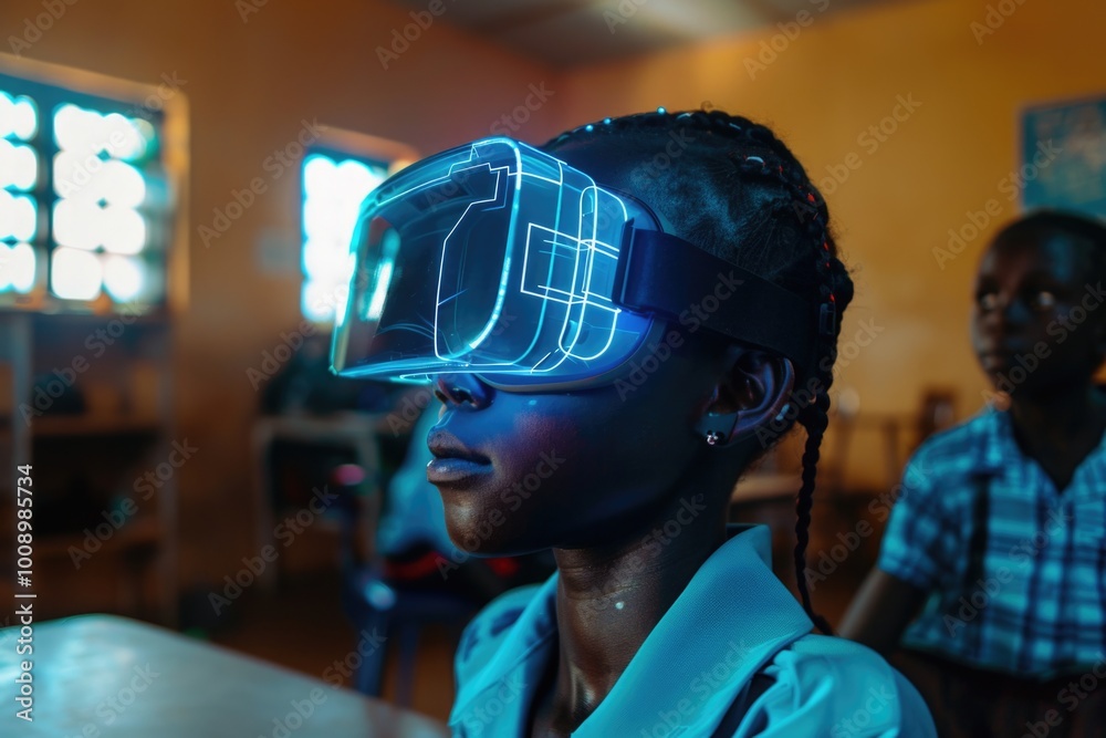A student wearing a virtual reality headset in a traditional classroom setting A student wearing a virtual reality headset in a traditional classroom setting