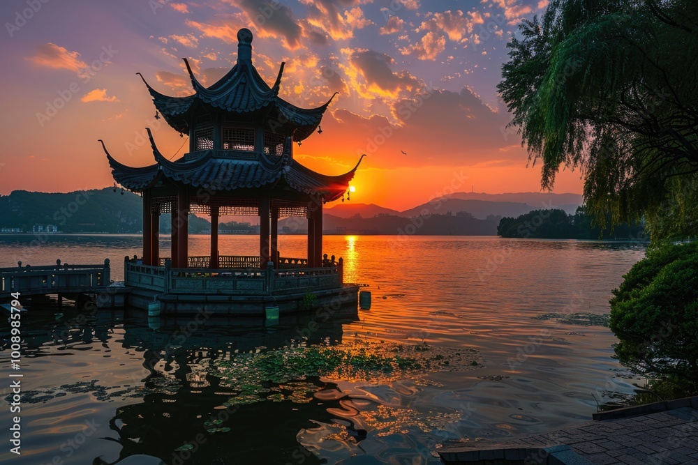 A traditional Asian-style pagoda sits atop calm water A traditional Asian-style pagoda sits atop calm water