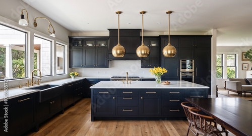 Stylish dark cabinetry adorned with sleek brass fixtures in an openconcept home
