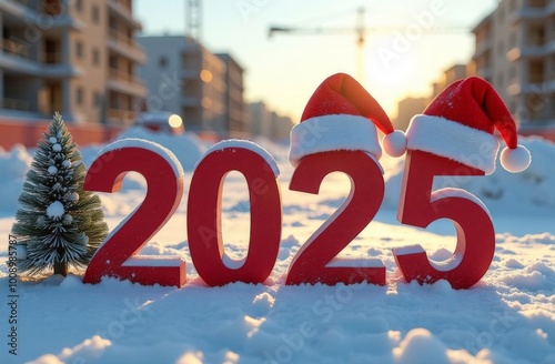 inscription 2025 on snow against the background of construction, New Year greetings, happy new year