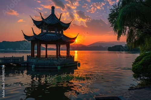A traditional Asian-style pagoda sits atop calm water