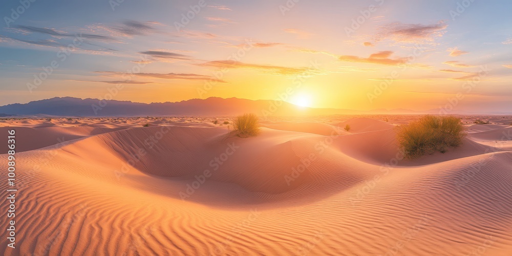 A stunning desert landscape at sunset, featuring rolling sand dunes and a peaceful atmosphere, perfect for nature photography. A stunning desert landscape at sunset, featuring rolling sand dunes and a peaceful atmosphere, perfect for nature photography.