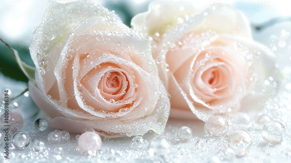 Fototapeta premium A close-up of two white roses with water droplets on the petals