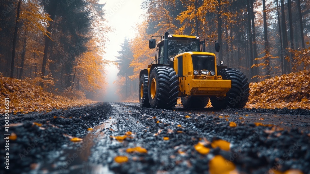 Tractor Driving Through Autumn Forest Tractor Driving Through Autumn Forest
