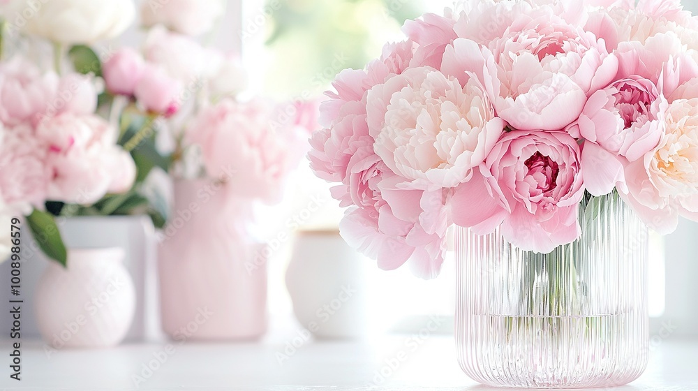 A vase brimming with pink peonies sits atop a table, accompanied by another vase adorned with the same hue A vase brimming with pink peonies sits atop a table, accompanied by another vase adorned with the same hue