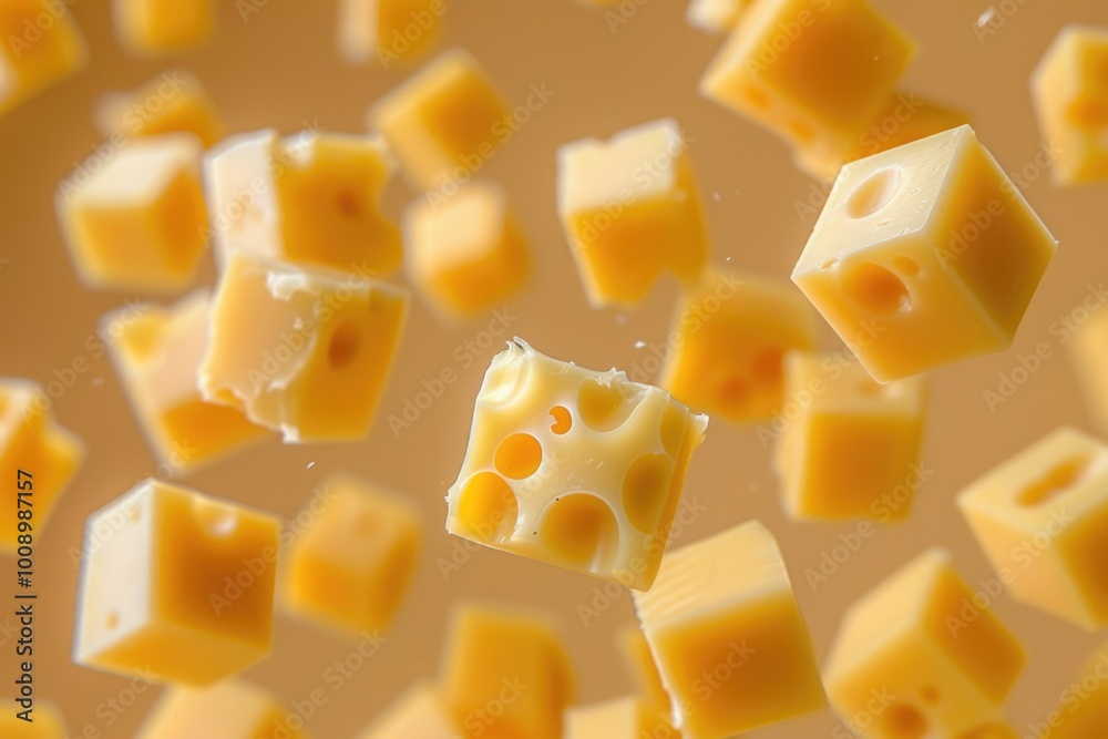 A close-up shot of cheese cubes suspended in mid-air, perfect for illustrations about food, snacks, or whimsical scenes A close-up shot of cheese cubes suspended in mid-air, perfect for illustrations about food, snacks, or whimsical scenes