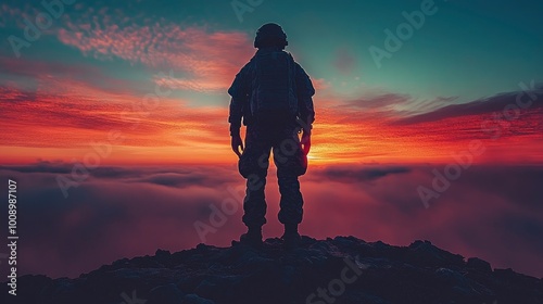 Soldier Silhouetted Against a Vibrant Sunset on Mountain Peak