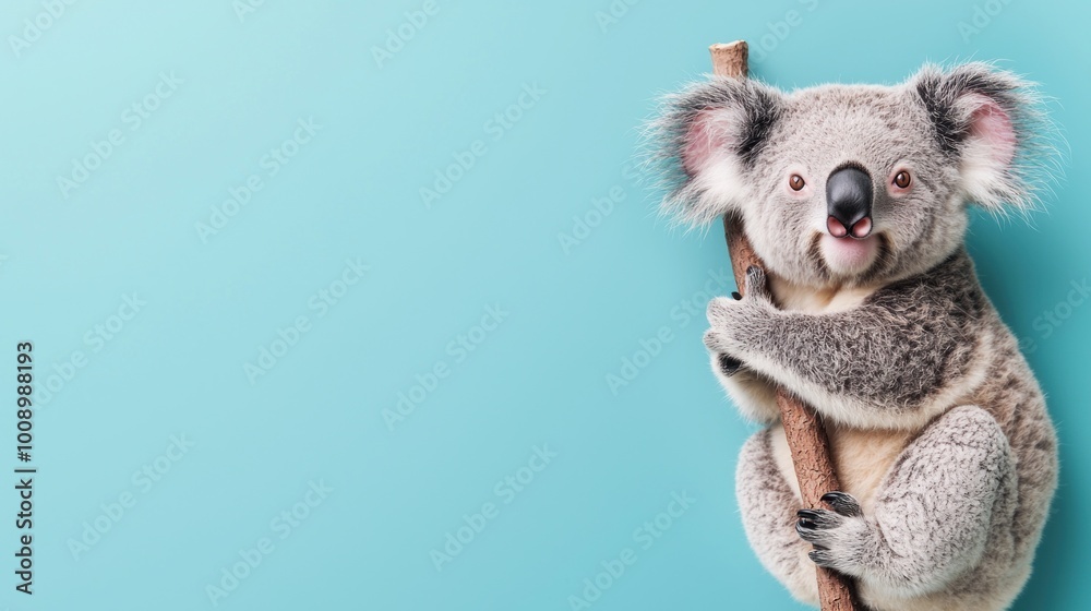 Joyful Koala Embracing Branch on Pastel Blue Background - Cute and Serene Wildlife Portrait Joyful Koala Embracing Branch on Pastel Blue Background - Cute and Serene Wildlife Portrait
