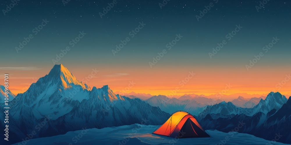 A vibrant tent set against a breathtaking mountain sunset, showcasing adventure and tranquility in nature's beauty. A vibrant tent set against a breathtaking mountain sunset, showcasing adventure and tranquility in nature's beauty.