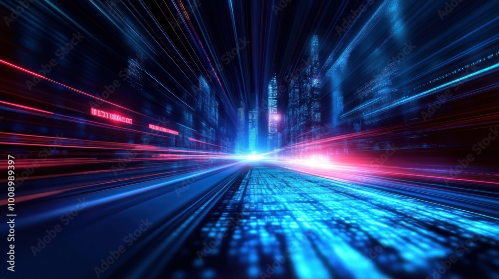 Futuristic Cityscape with Speed Lines and Digital Code Futuristic Cityscape with Speed Lines and Digital Code