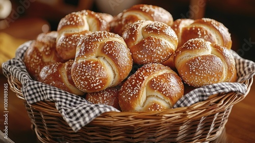 A basket filled with assorted soft roll buns and Bavarian pretzels, with a checkered napkin underneath, ready to serve at a cozy breakfast.