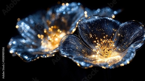   A macro shot featuring two blossoms with illumination within their petals and externally surrounding them photo