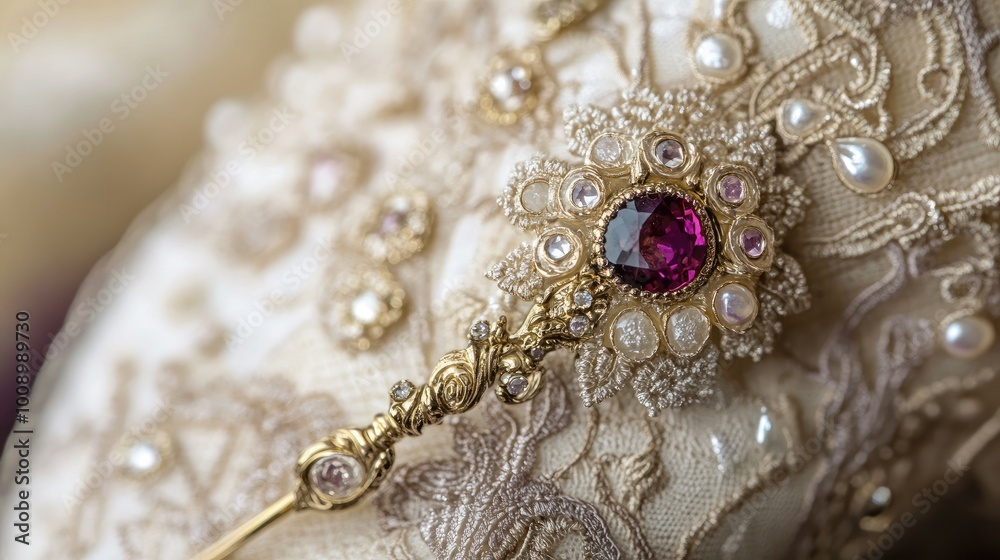 A beautifully detailed close-up of an ornate hatpin attached to a classic ladies' hat, with delicate patterns and gemstones. A beautifully detailed close-up of an ornate hatpin attached to a classic ladies' hat, with delicate patterns and gemstones.