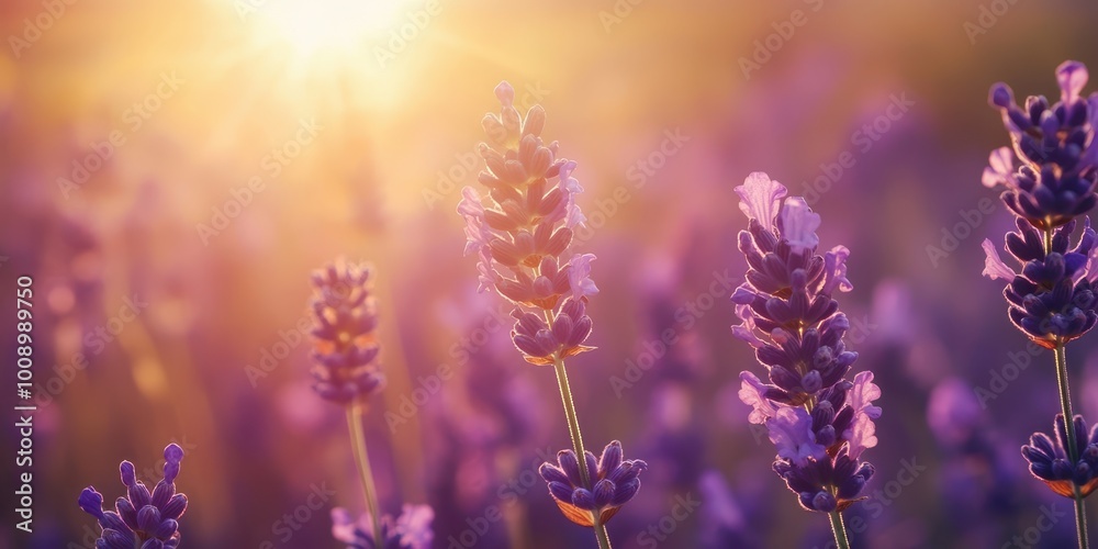 Naklejka premium Beautiful lavender flowers glisten in the warm sunlight, creating a serene and calming atmosphere in a vibrant meadow.