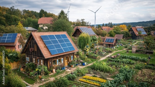 Aerial view of a small town with solar panels on rooftops, wind turbines in the background, and community gardens, showcasing sustainable energy in a local setting.