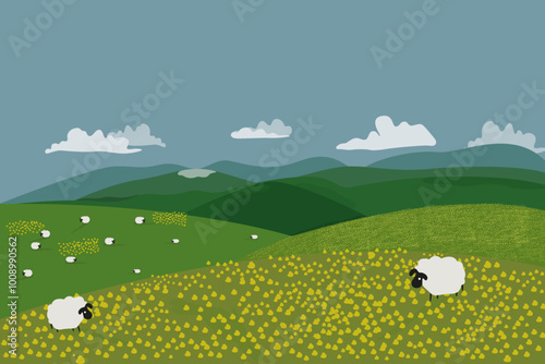 Green glade horizontal wallpaper, flowers, clouds, sheep on the green lawn. Ecological, non-urban, rural landscape. Vector flat illustration