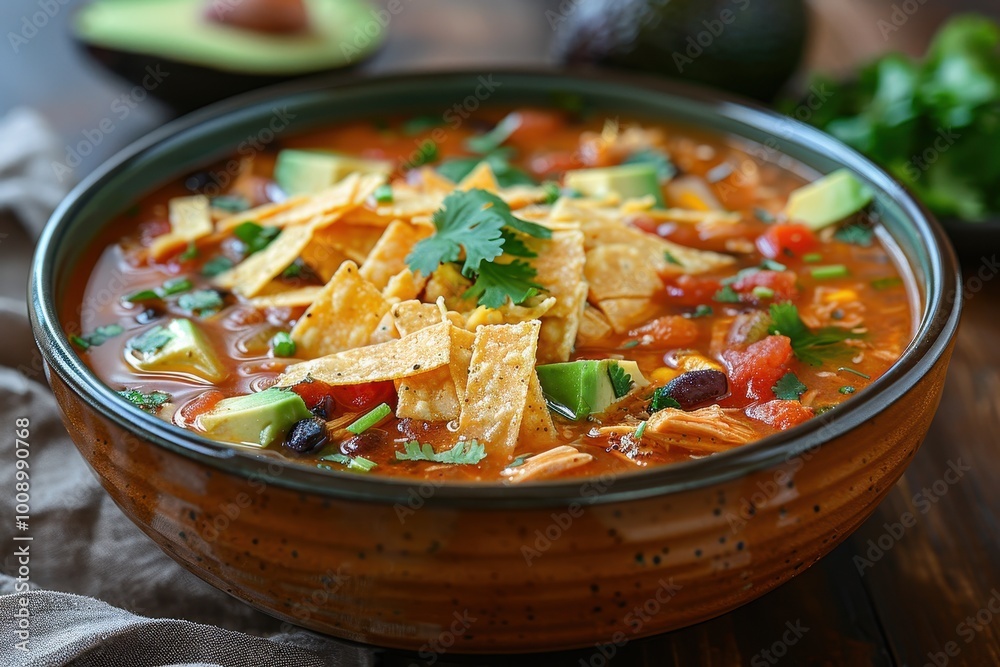 A bowl of tortilla soup, with a tomato-based broth, crispy tortilla strips, avocado, shredded chicken, and a sprinkle of cheese, garnished with fresh cilantro