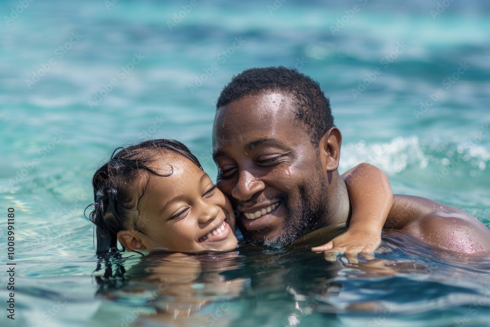 A man and a young girl playfully splash around in the water, enjoying quality time together A man and a young girl playfully splash around in the water, enjoying quality time together