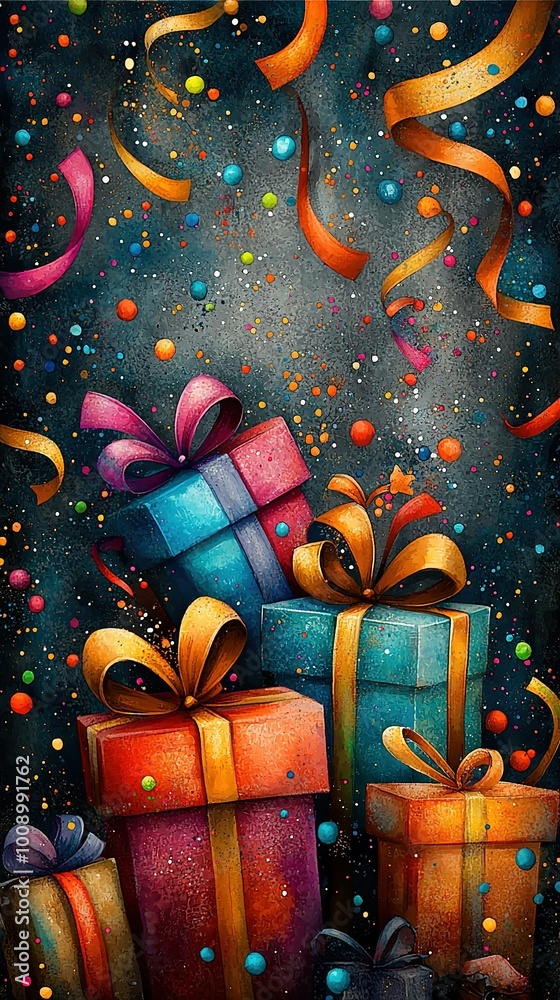 Naklejka premium A painting of several presents adorned with streamers and confetti against a dark background
