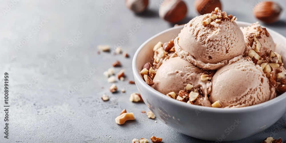Delicious chocolate ice cream served in a bowl, garnished with crunchy nuts, perfect for dessert lovers and food photography. Delicious chocolate ice cream served in a bowl, garnished with crunchy nuts, perfect for dessert lovers and food photography.
