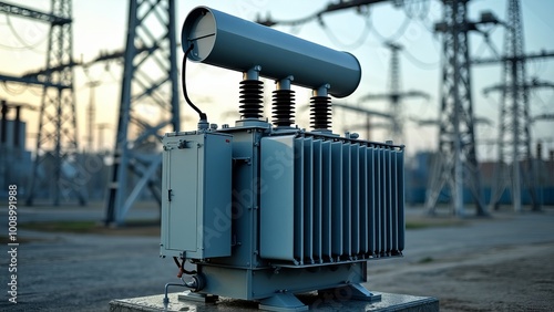 A transformer at an electrical substation. Transmission of electricity.