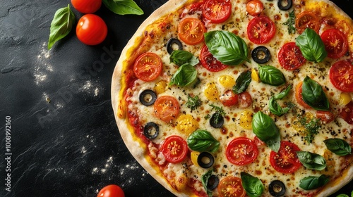 Pizza with Tomatoes Olives Basil