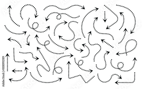 Black dotted line arrows on white background. Arrow, cursor icon. Vector pointers collection. Back, next web page sign. Graphic design elements for business plan and education.
