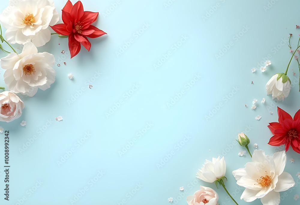Obraz premium beautiful arrangement of white and red flowers on soft blue background, creating serene and elegant atmosphere. Perfect for spring themes and floral designs