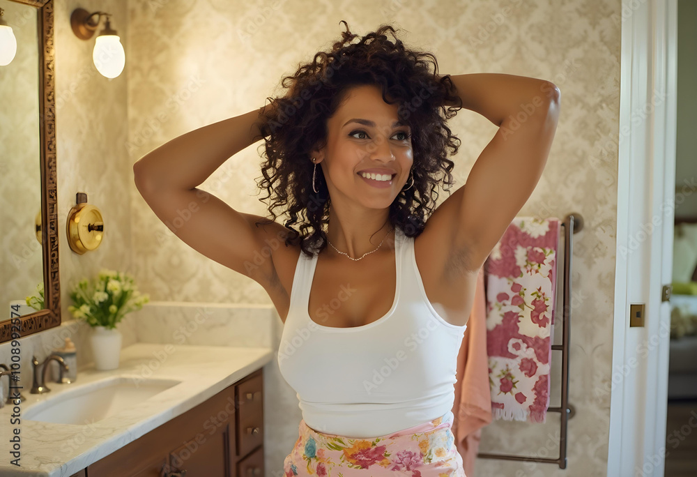 Obraz premium cheerful woman with curly dark hair smiles while adjusting her hair in bright bathroom. warm atmosphere and floral decor enhance her joyful expression