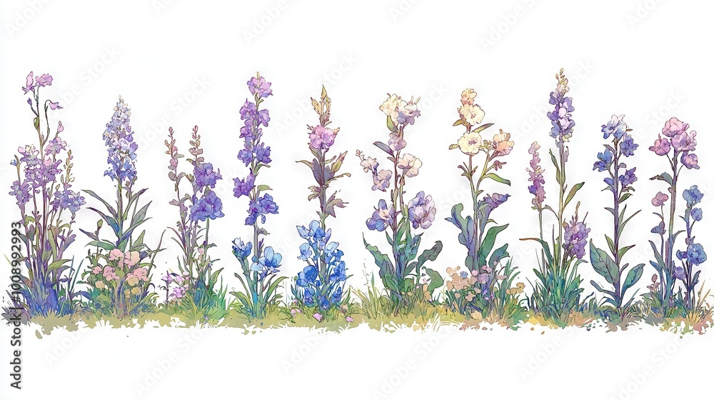 Naklejka premium A white background with grass and flowers in the foreground