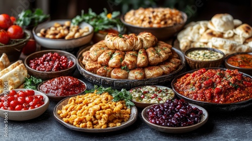 A Traditional Middle Eastern Feast with Variety of Appetizers