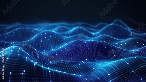 3D wave landscape with connected dots in digital world. Technology background with abstract dots. Data science and virtual reality concept. Artificial intelligence and cyberspace idea.