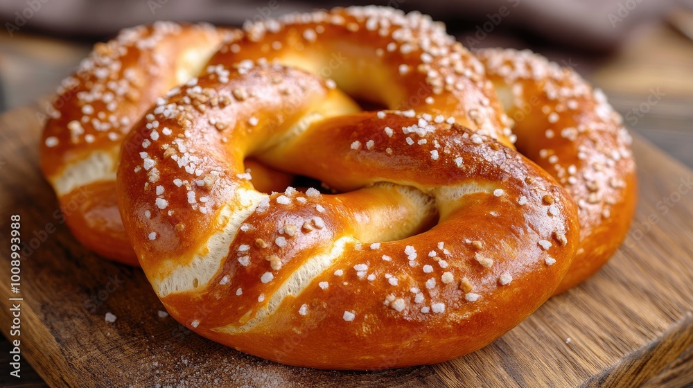 A close-up of a freshly baked Bavarian pretzel with a golden-brown crust and coarse salt sprinkled on top, resting on a rustic wooden board.