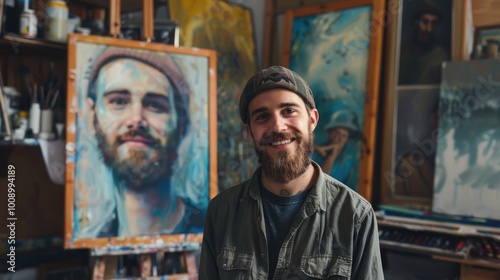 Wallpaper Mural Bearded man artist stands proudly in front of his self portrait in his colorful studio. Ideal for creative projects and artistic inspiration concepts. Torontodigital.ca