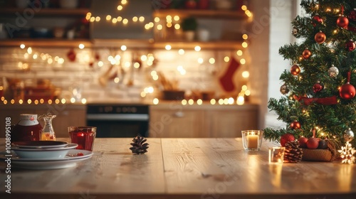 Cozy Christmas kitchen decor with a festive tree and warm glowing lights. photo