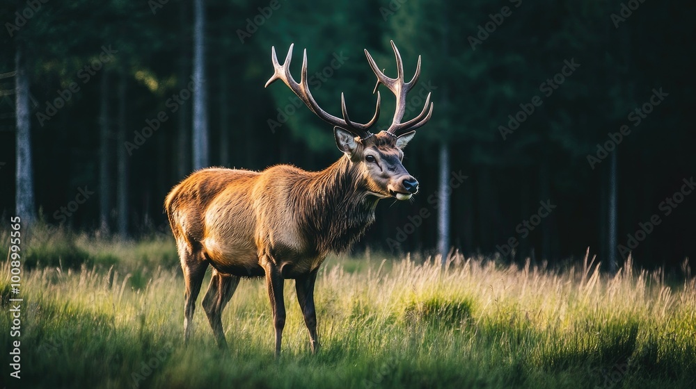 A close-up of a red deer buck, its large antlers casting shadows over its body as it grazes in a grassy meadow, surrounded by tall trees. A close-up of a red deer buck, its large antlers casting shadows over its body as it grazes in a grassy meadow, surrounded by tall trees.