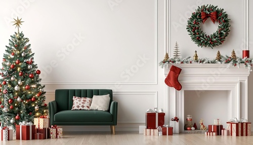 Cozy Christmas living room with tree, gifts, and festive decorations.