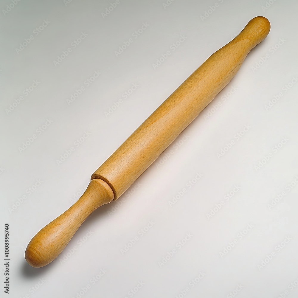 A wooden rolling pin used for flattening dough in baking. A wooden rolling pin used for flattening dough in baking.