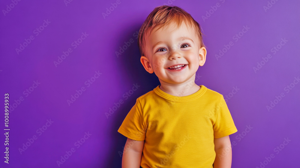 Naklejka premium Happy smiling toddler boy in a yellow shirt on a purple background enjoying his time indoors