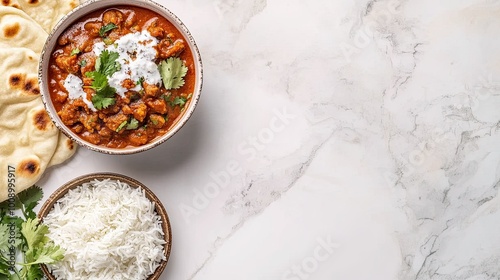 Flat lay of Indian rogan josh with rice and naan, ample copy space for text