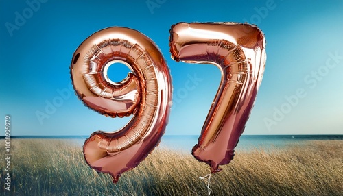 Banner with number 97 colorful balloons with copy space photo