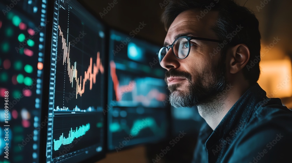 Man analyzing stock data on multiple screens. Man analyzing stock data on multiple screens.