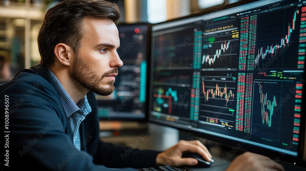 Trader analyzing market data on computer screens Trader analyzing market data on computer screens